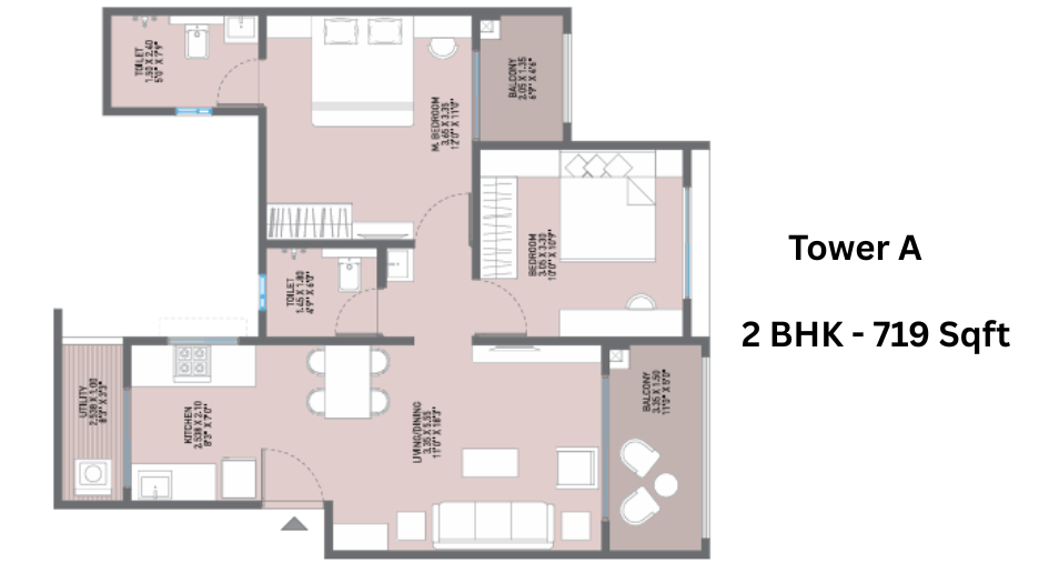JN-AA-Privilege-Floor-Plan- Tower- A- 2 BHK - 719 Sqft